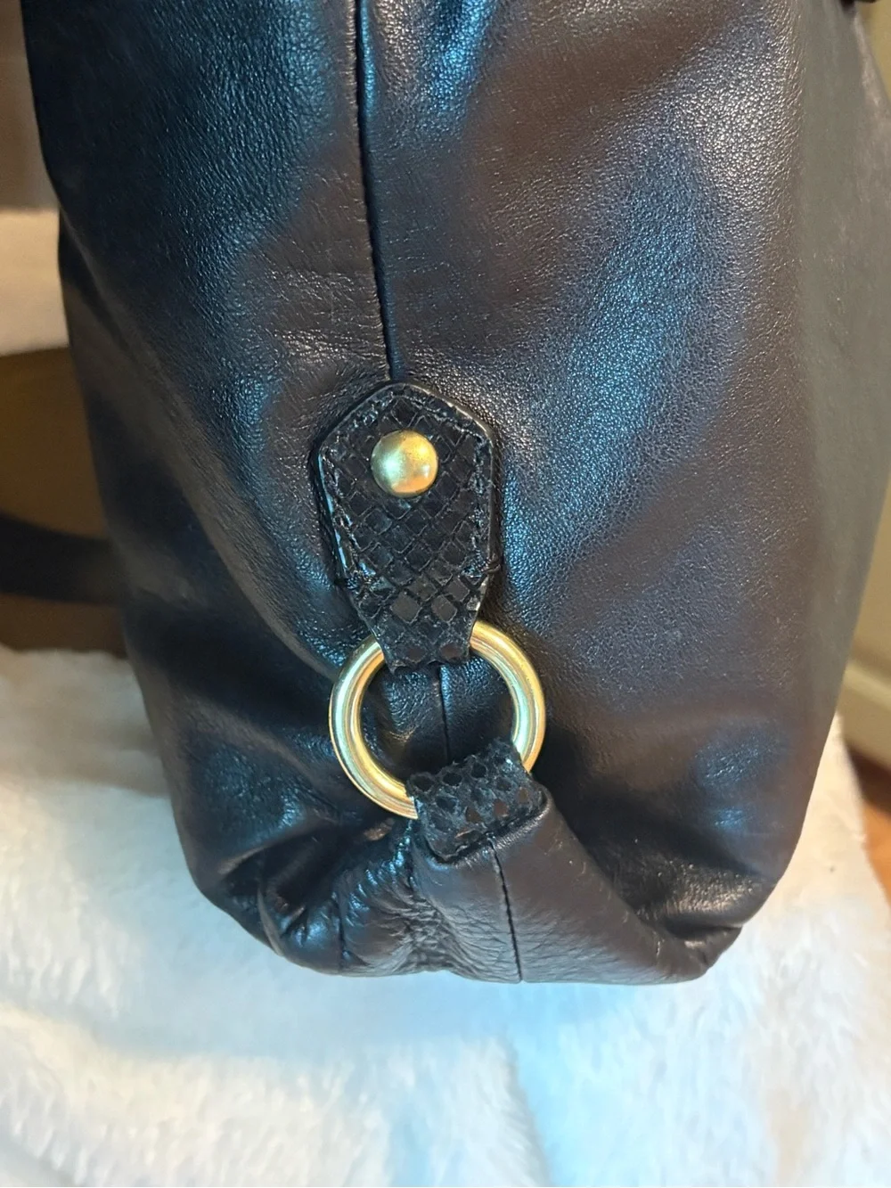 Coach Black Leather Tote with Textured Flap and Gold Accents